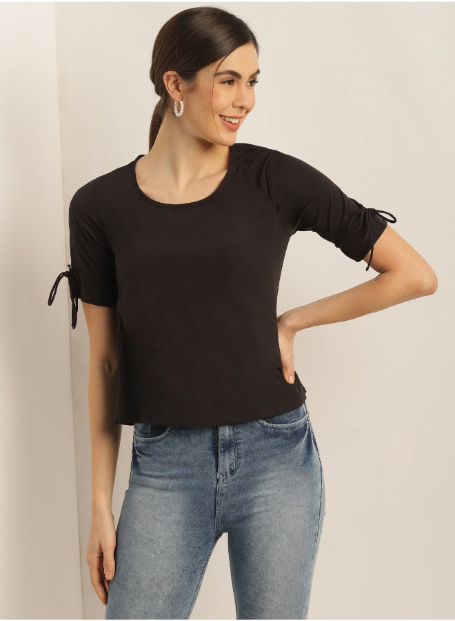 Aila Round Neck Casual Top Black - Image 1