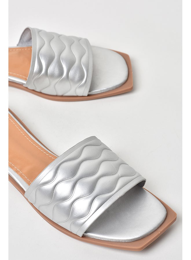 Aila - Quilted Weave Pattern Broad Strap Flat Sandals Silver - Image 1