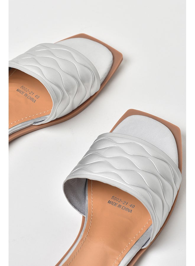 Aila - Quilted Weave Pattern Broad Strap Flat Sandals Silver - Image 1