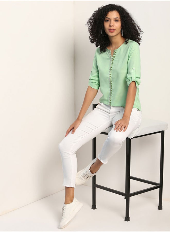 Aila Casual V-Neck Blouse Green  - Image 3