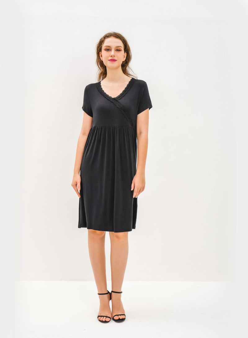 Aila - V-Neck Short Sleeve Mini Dress Black - Image 1