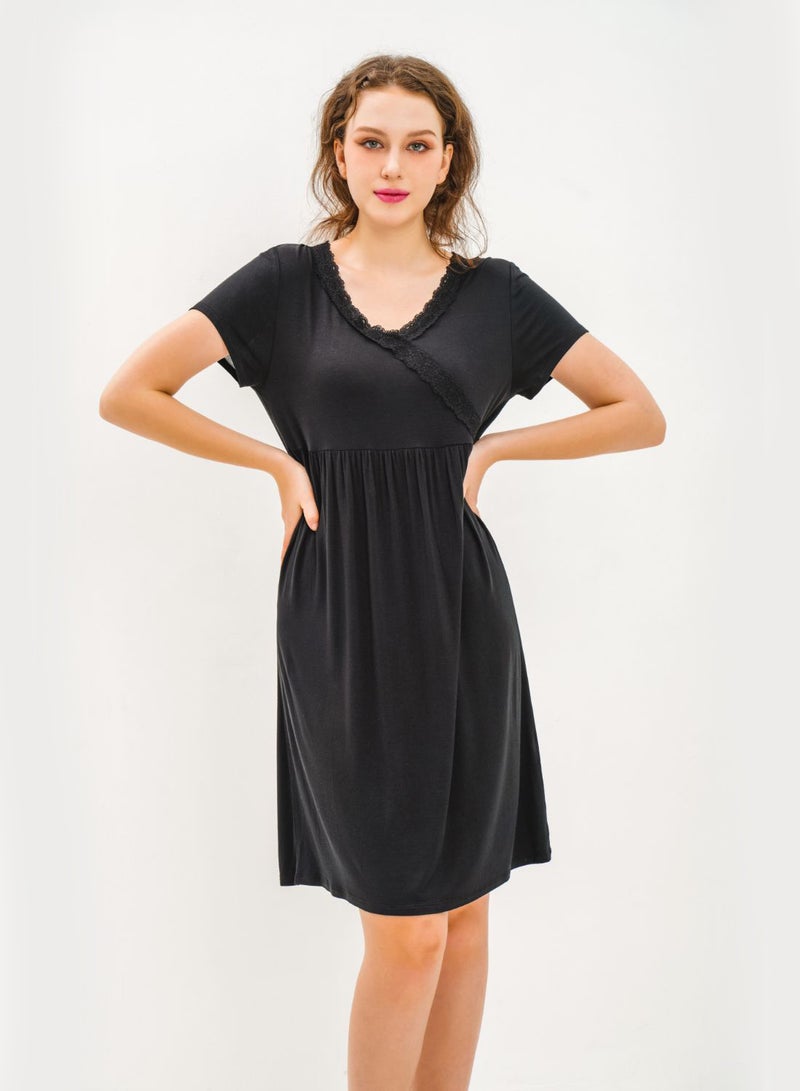 Aila - V-Neck Short Sleeve Mini Dress Black - Image 1