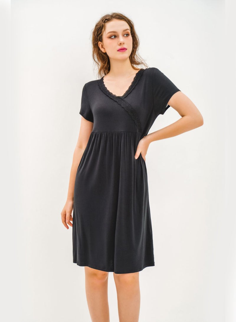 Aila - V-Neck Short Sleeve Mini Dress Black - Image 1