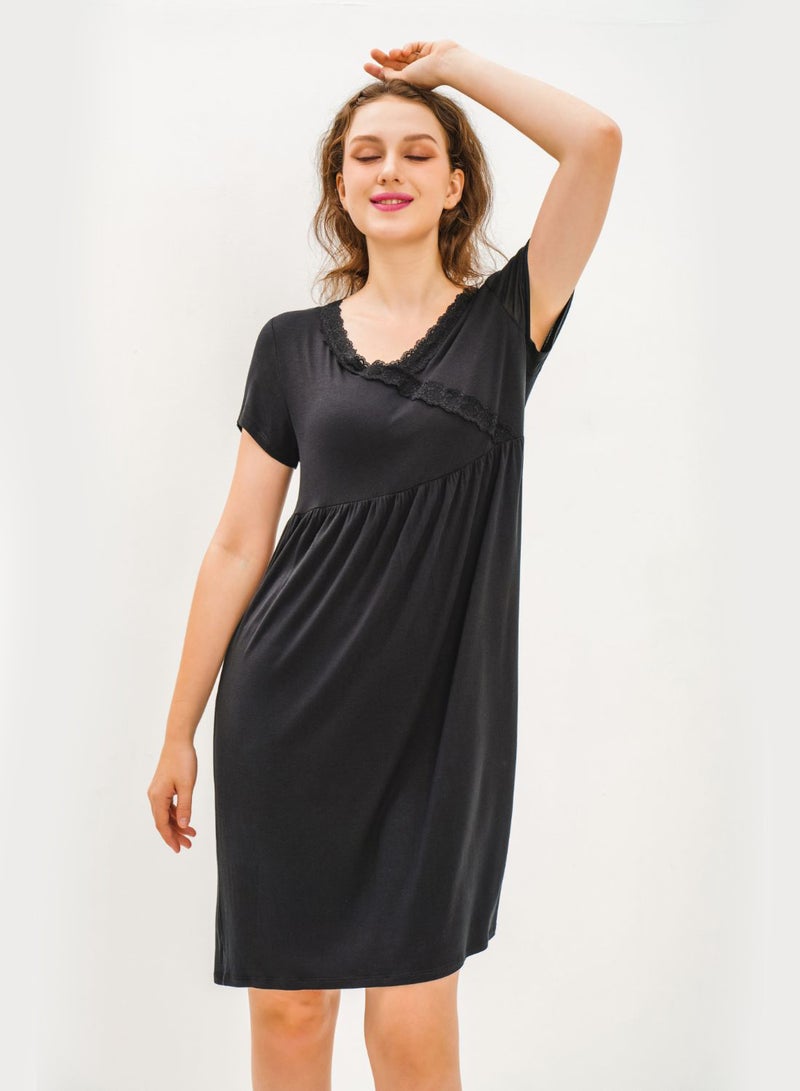 Aila - V-Neck Short Sleeve Mini Dress Black - Image 1