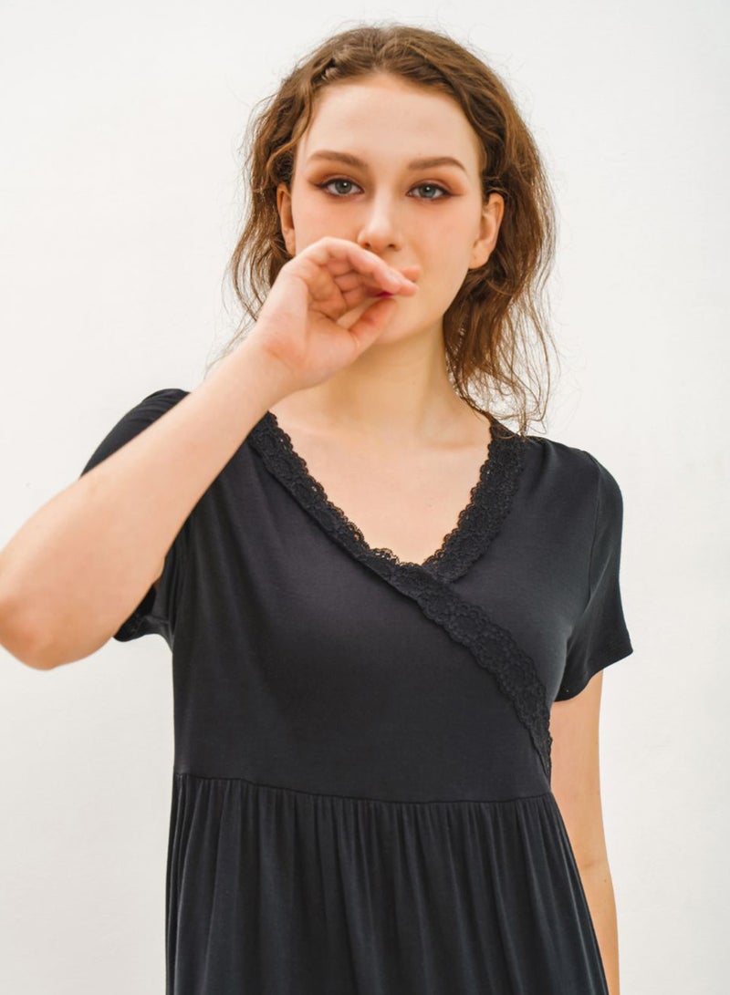 Aila - V-Neck Short Sleeve Mini Dress Black - Image 1