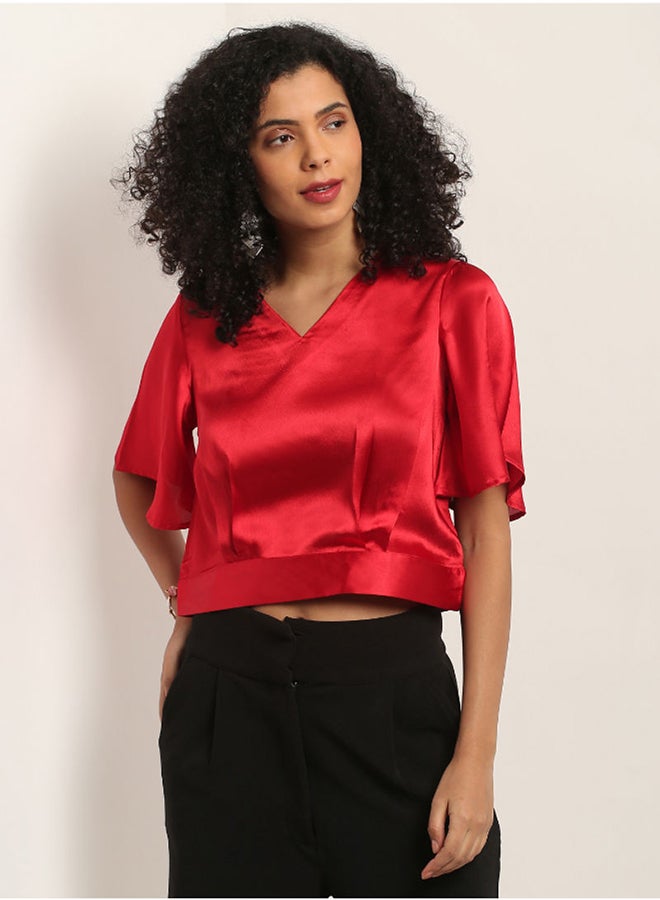 Aila Short Sleeve Crop Top Red  - Image 1