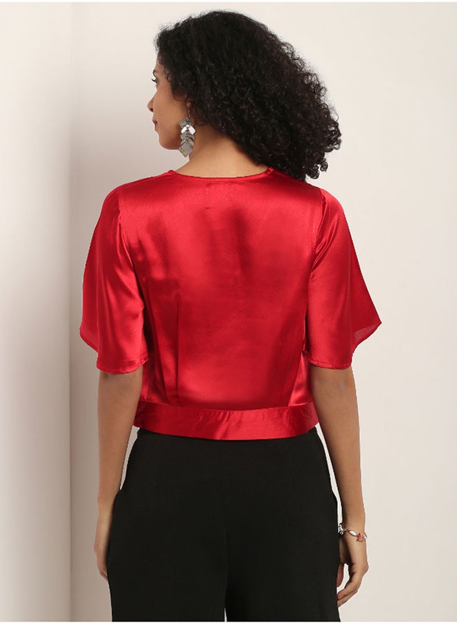 Aila Short Sleeve Crop Top Red  - Image 2
