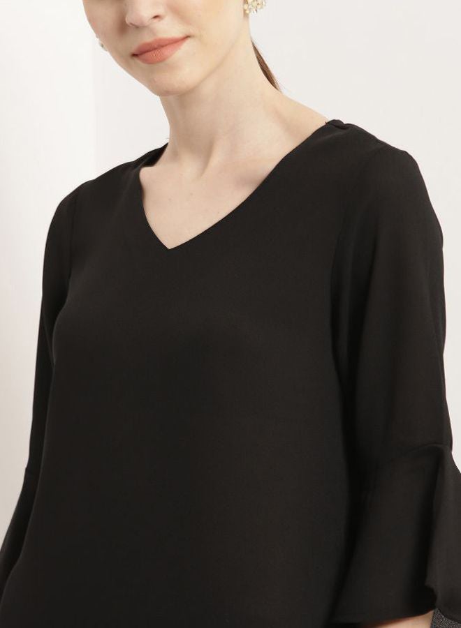 Aila - Three Quarter Sleeves Solid Shift Dress Black - Image 1