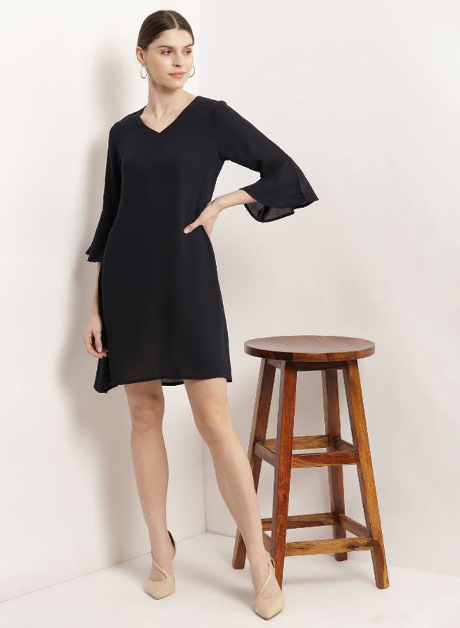 Aila - Three Quarter Sleeves Solid Shift Dress Navy Blue - Image 1