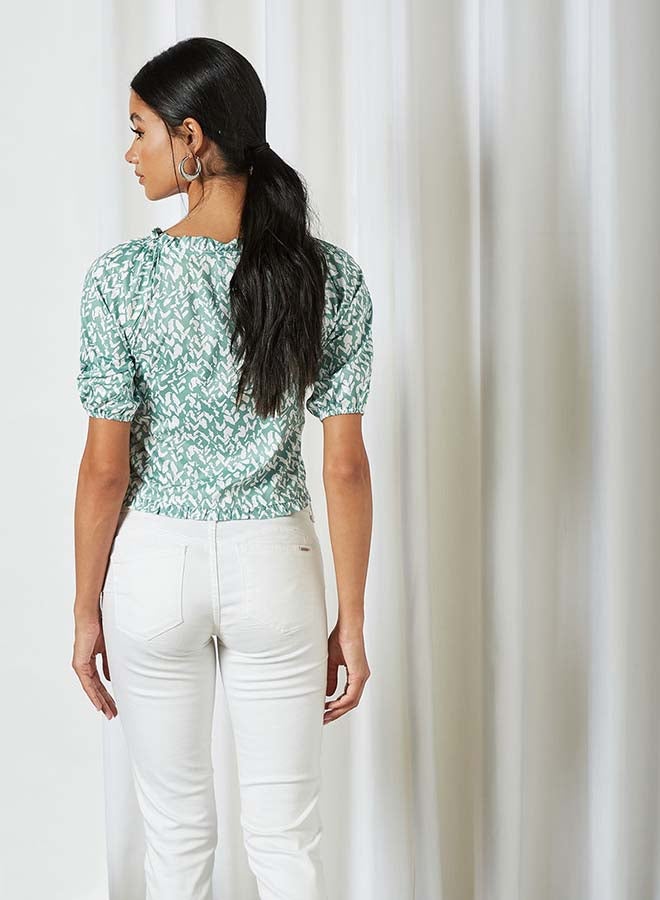 Aila Printed V-Neck Top With Stripe Front Green  - Image 2