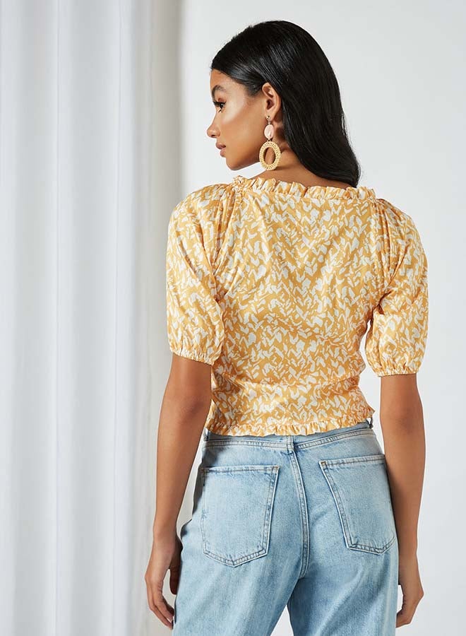 Aila Printed V-Neck Top With Stripe Front Yellow  - Image 2
