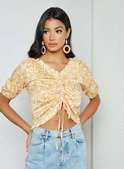 Aila Printed V-Neck Top With Stripe Front Yellow