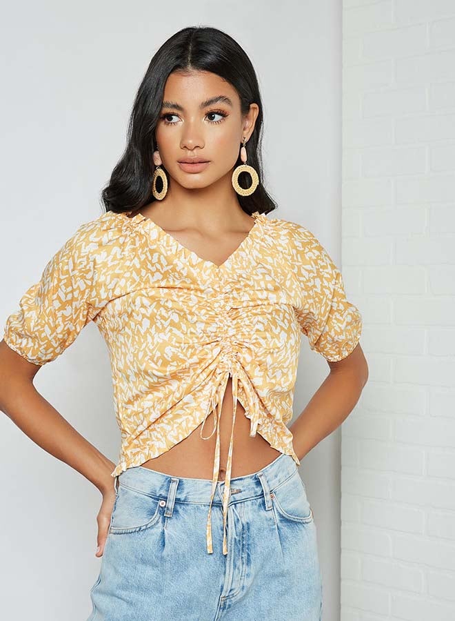 Aila Printed V-Neck Top With Stripe Front Yellow  - Image 1