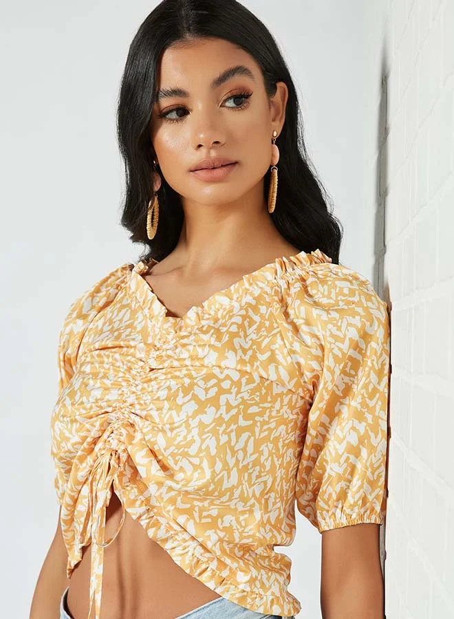 Aila Printed V-Neck Top With Stripe Front Yellow