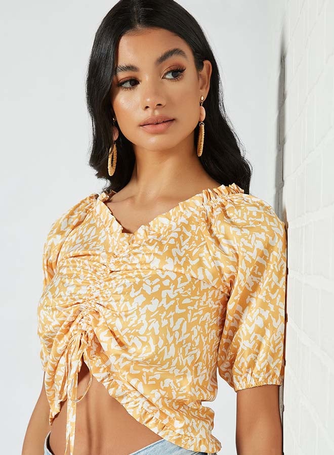 Aila Printed V-Neck Top With Stripe Front Yellow  - Image 4