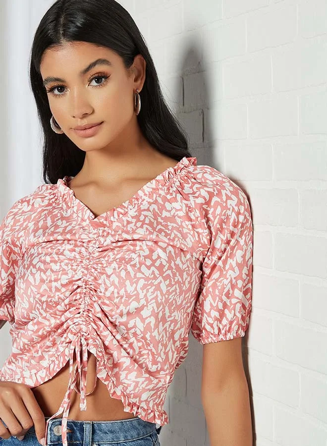 Aila Printed V-Neck Top With Stripe Front Orange