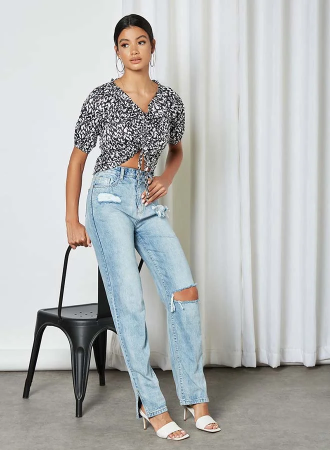 Aila Printed V-Neck Top With Stripe Front Black