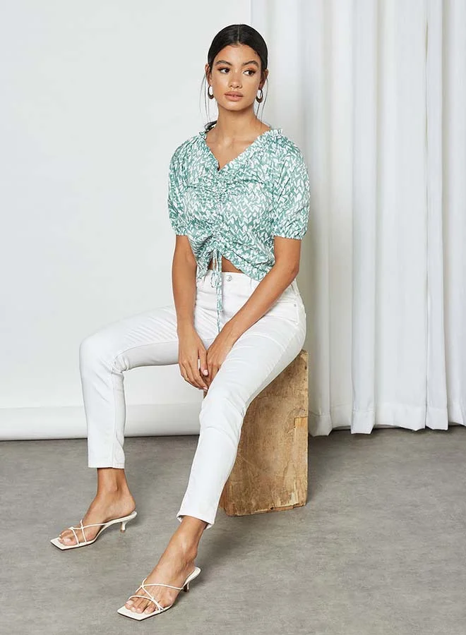 Aila Printed V-Neck Top With Stripe Front Green