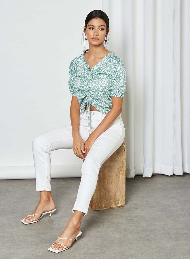 Aila Printed V-Neck Top With Stripe Front Green  - Image 3