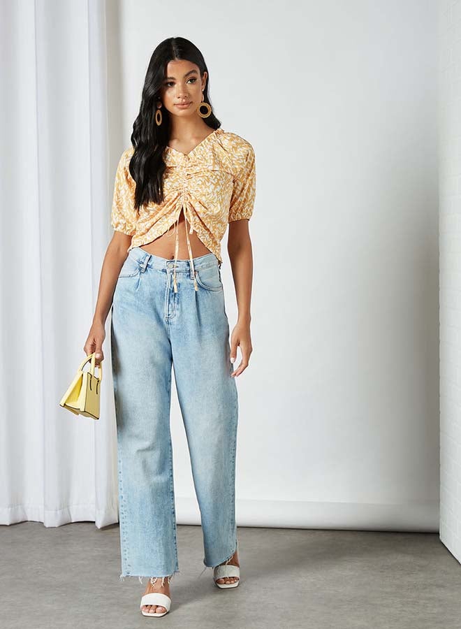 Aila Printed V-Neck Top With Stripe Front Yellow  - Image 3