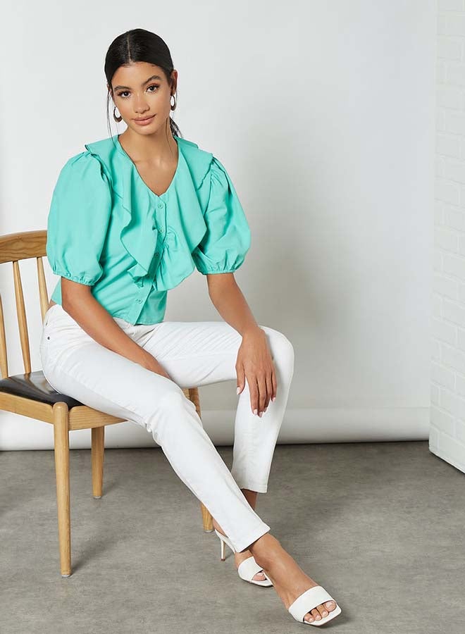 Aila Solid Design Classic Style Ruffle Top Green - Image 3