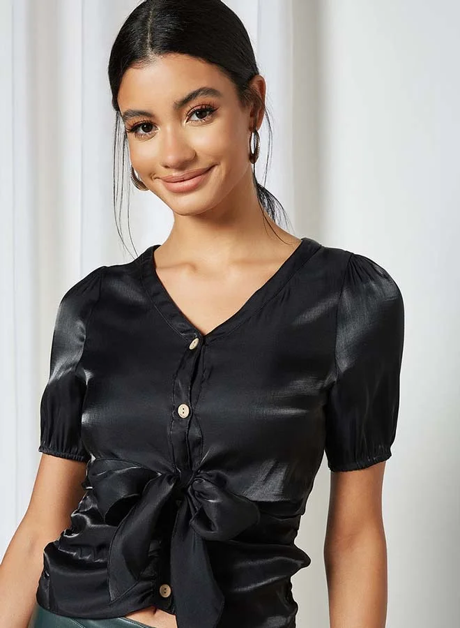 Aila Solid Design V-Neck Top With Front Open Black