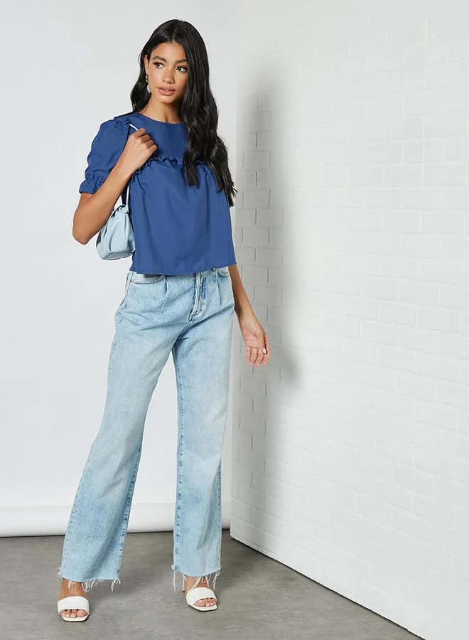 Aila Solid Design Elastic Pleat Top Blue
