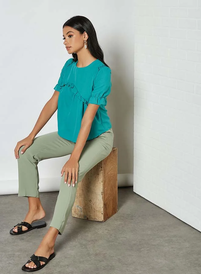 Aila Solid Design Elastic Pleat Top Green