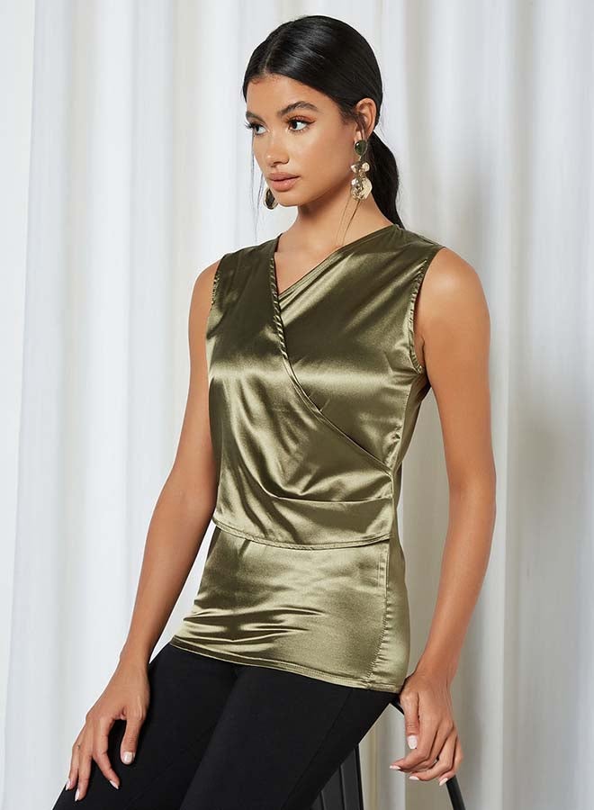 Aila Solid Design Sleeveless Top With Cross Front Dark Green - Image 1