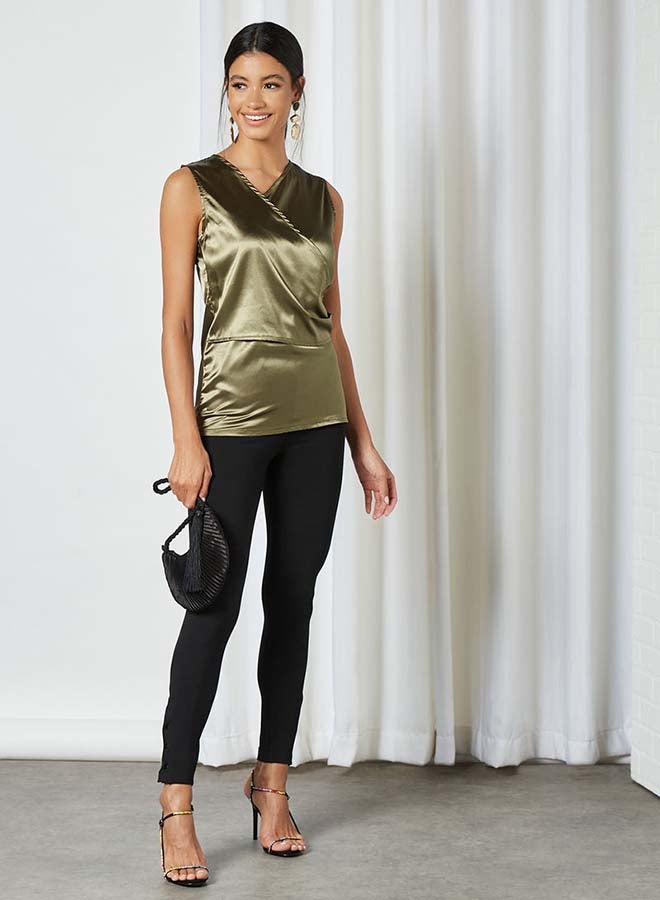 Aila Solid Design Sleeveless Top With Cross Front Dark Green - Image 3