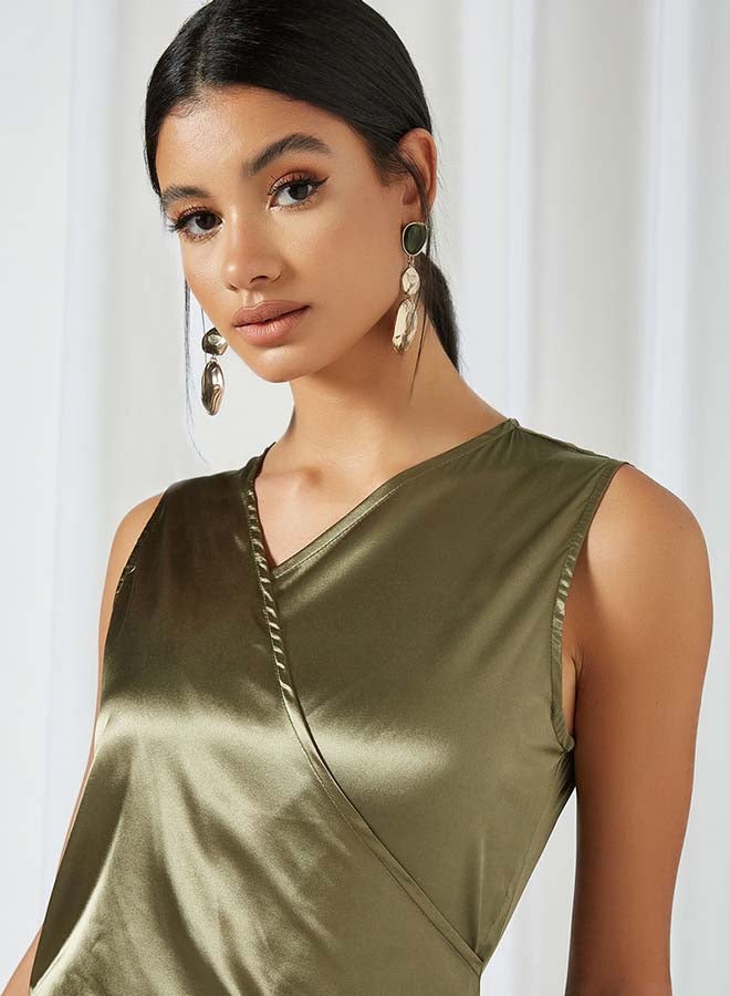 Aila Solid Design Sleeveless Top With Cross Front Dark Green - Image 4