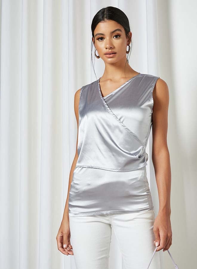 Aila - Solid Design Sleeveless Top With Cross Front Grey - Image 1