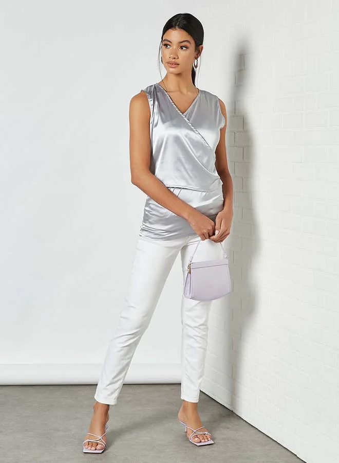 Aila Solid Design Sleeveless Top With Cross Front Grey