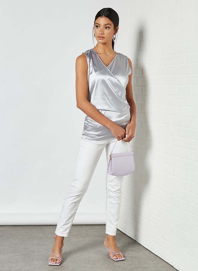 Aila - Solid Design Sleeveless Top With Cross Front Grey - Image 1