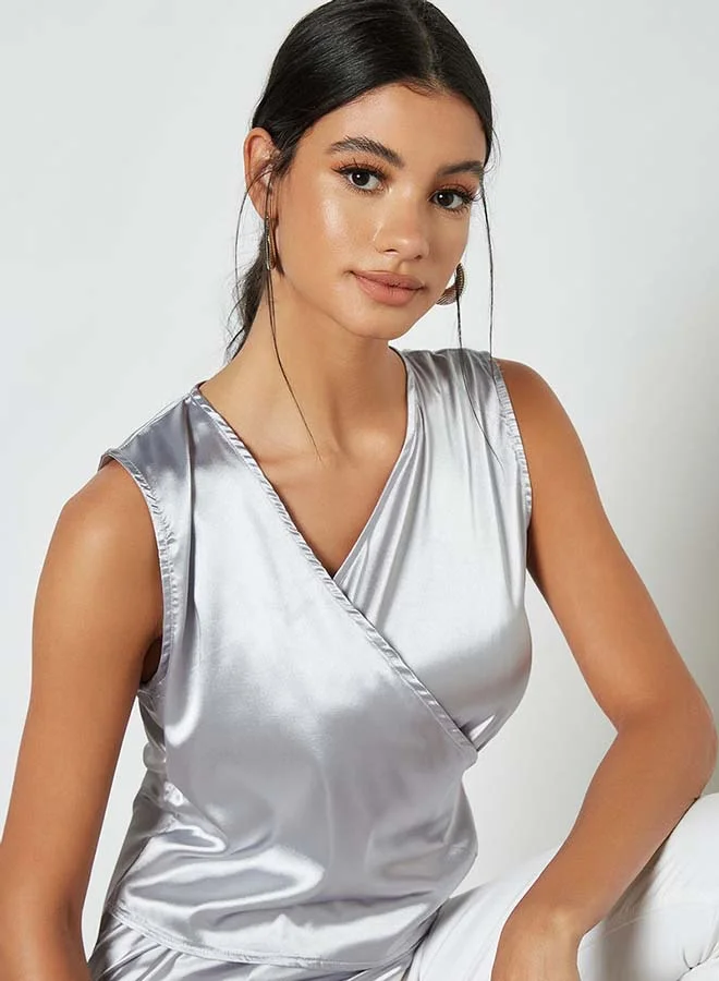 Aila Solid Design Sleeveless Top With Cross Front Grey