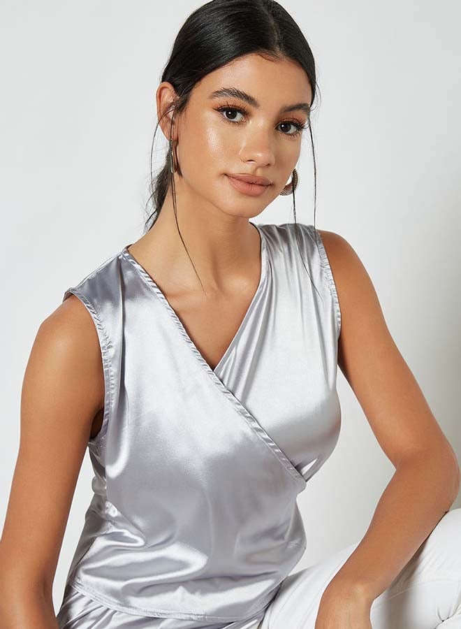 Aila - Solid Design Sleeveless Top With Cross Front Grey - Image 1