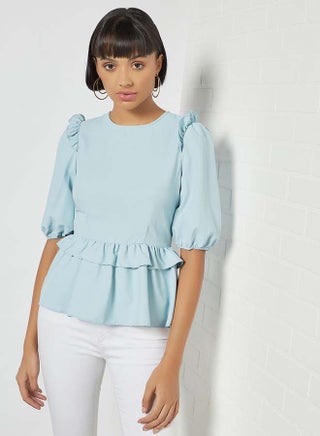 Solid Design Round Neck With Ruffle Armhole Top Blue - v1649691522/N40706839V_1