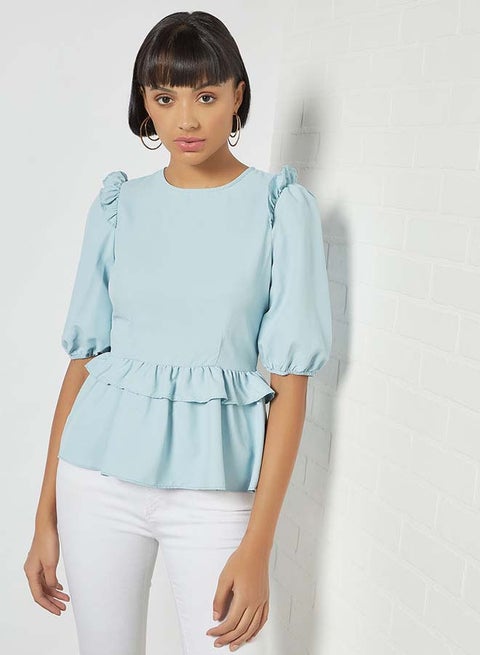 Solid Design Round Neck With Ruffle Armhole Top Blue