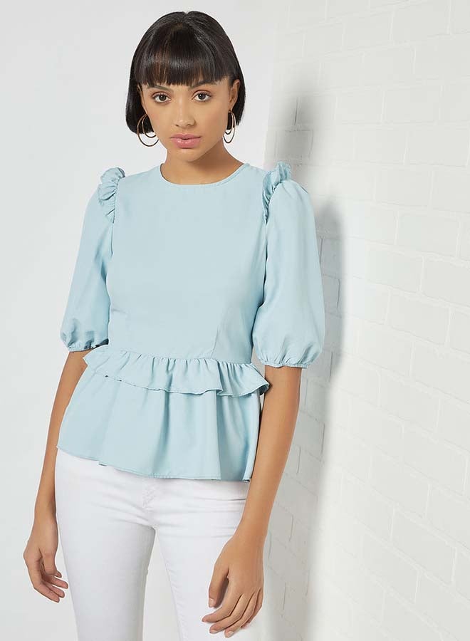 Aila - Solid Design Round Neck With Ruffle Armhole Top Blue - Image 1