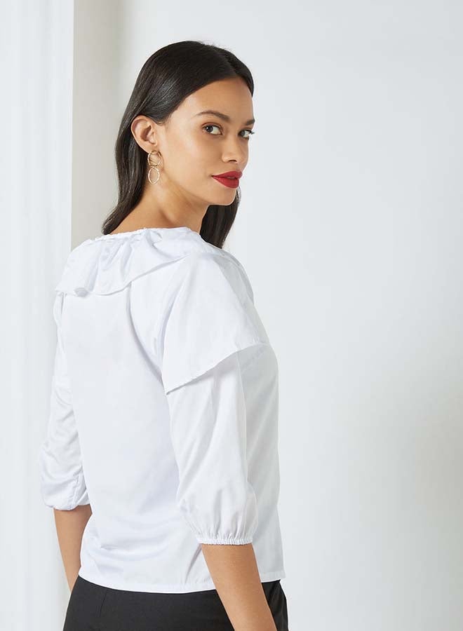 Aila - Solid Design Round Neck With Collar Front Top White - Image 1
