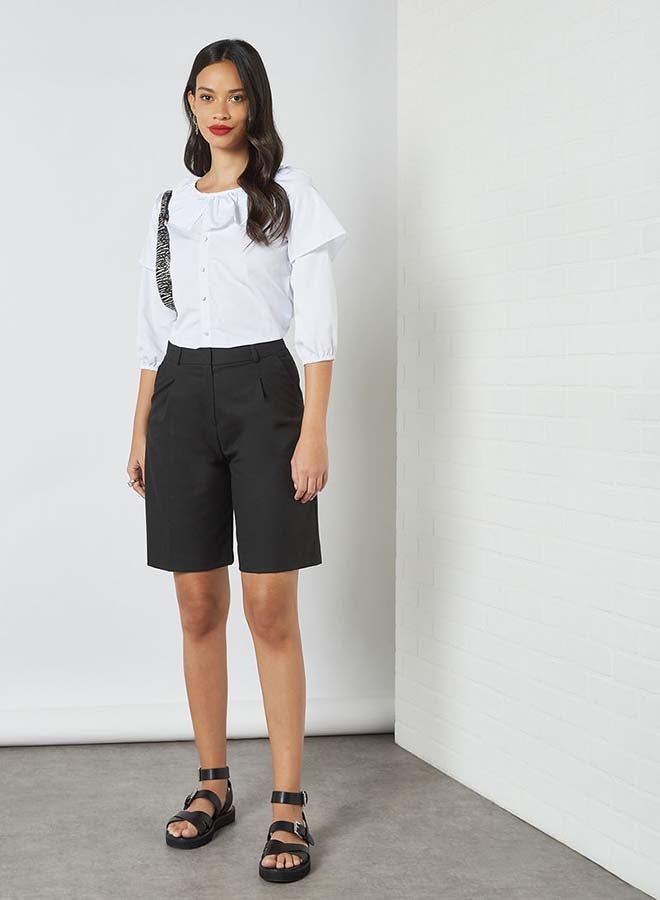 Aila - Solid Design Round Neck With Collar Front Top White - Image 1
