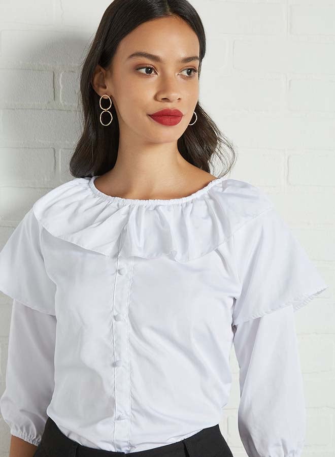 Aila - Solid Design Round Neck With Collar Front Top White - Image 1