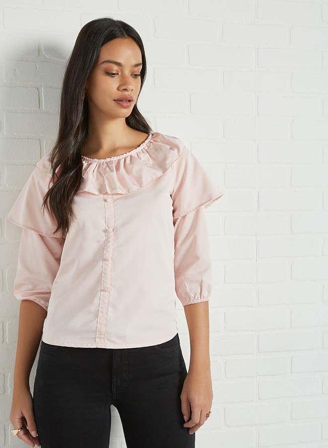 Aila Solid Design Round Neck With Collar Front Top Nude - Image 1