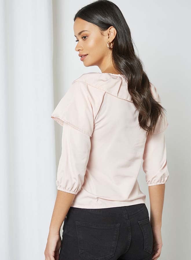 Aila Solid Design Round Neck With Collar Front Top Nude - Image 2