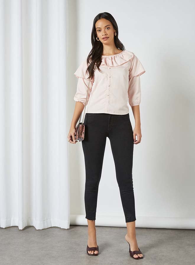 Aila Solid Design Round Neck With Collar Front Top Nude - Image 3