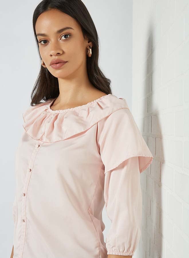 Aila Solid Design Round Neck With Collar Front Top Nude - Image 4