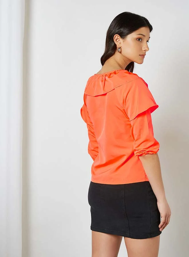 Aila Round Neck Collar Front Top Orange