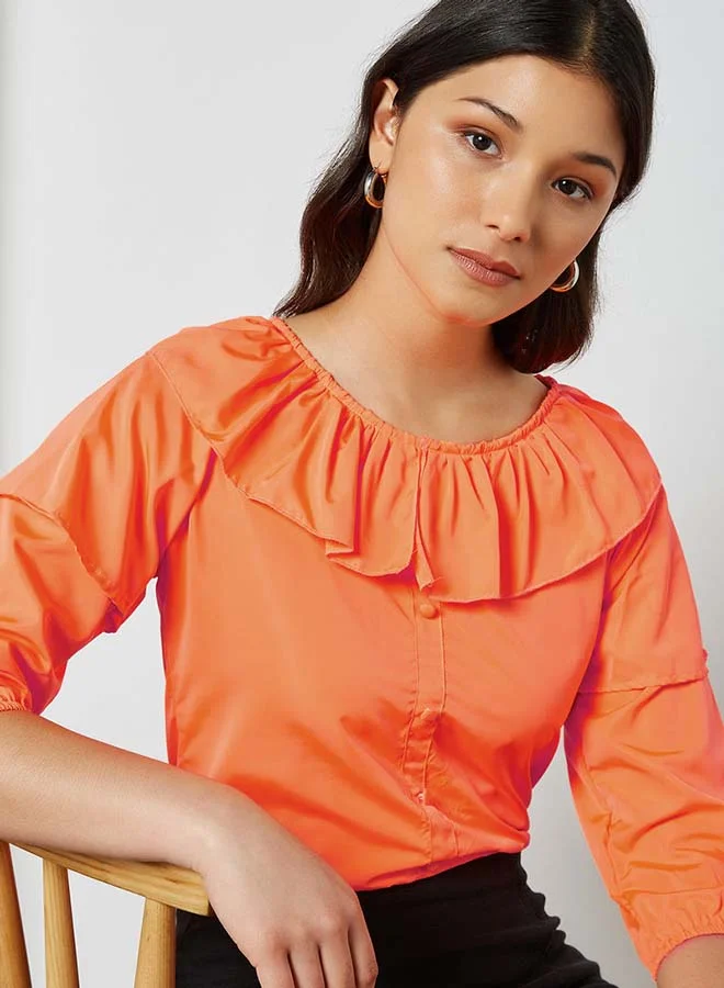 Aila Round Neck Collar Front Top Orange
