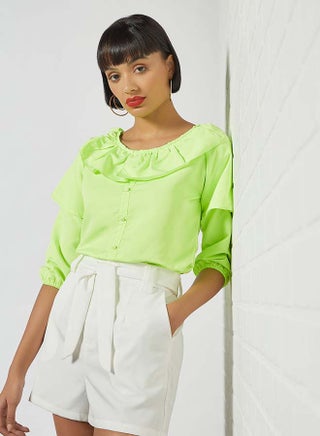 Solid Design Round Neck With Collar Front Top Green - v1649691525/N40706883V_1