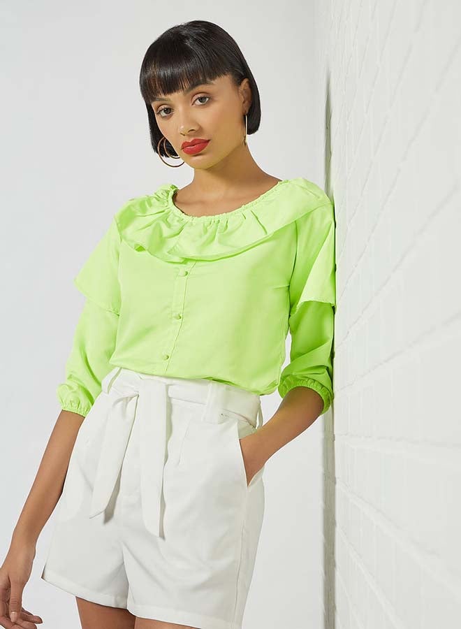 Solid Design Round Neck With Collar Front Top Green